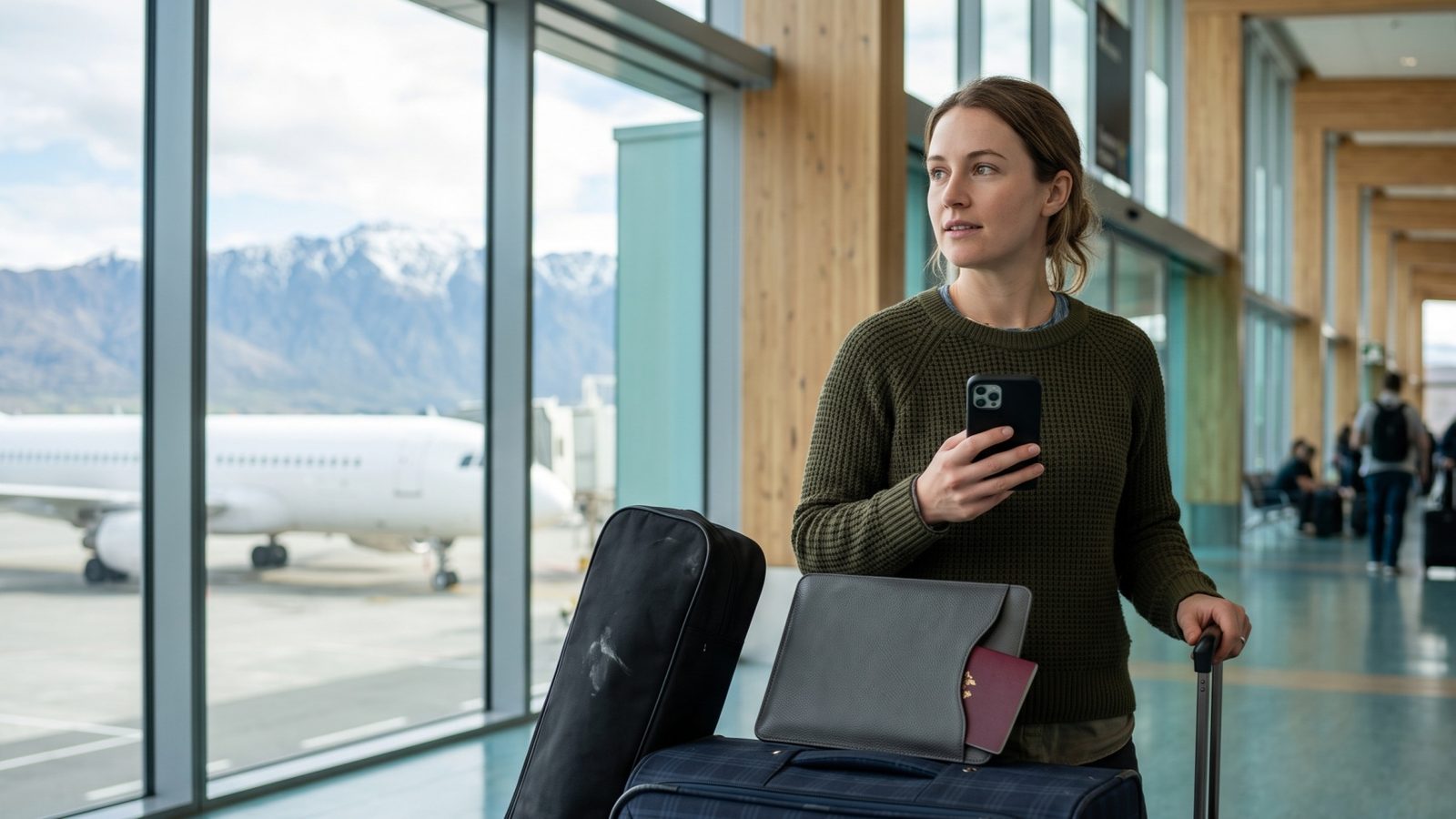 Traveller with a smartphone, passport wallet and cricket luggage at a new zealand airport in a concept illustration.
