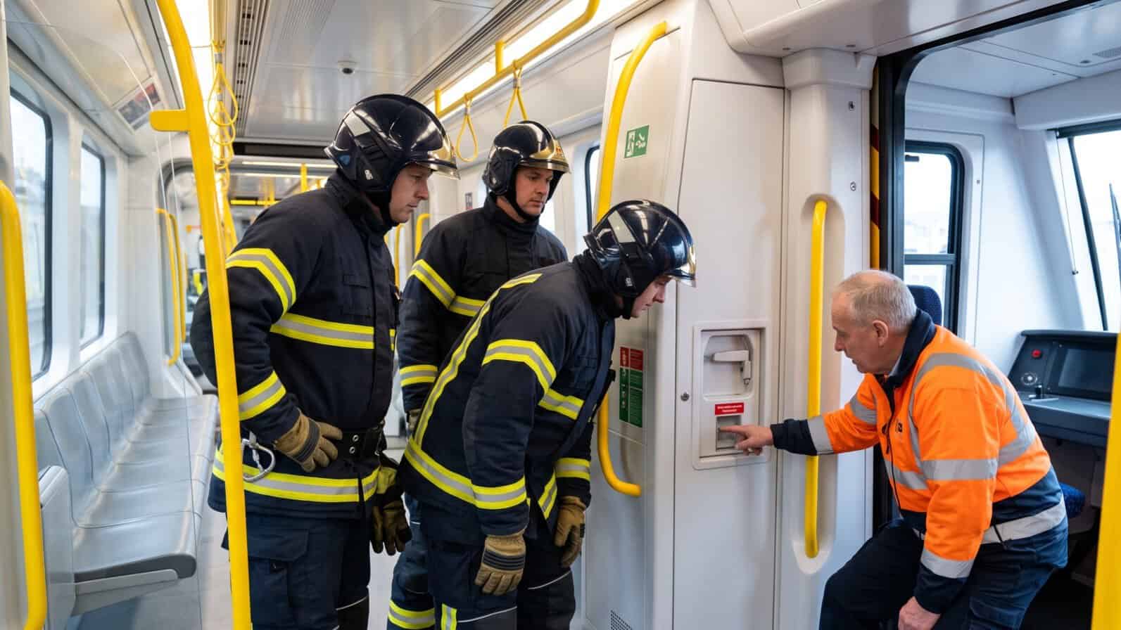 Newcastle airport firefighters undergo emergency response training on new stadler tyne and wear metro trains to improve passenger safety.