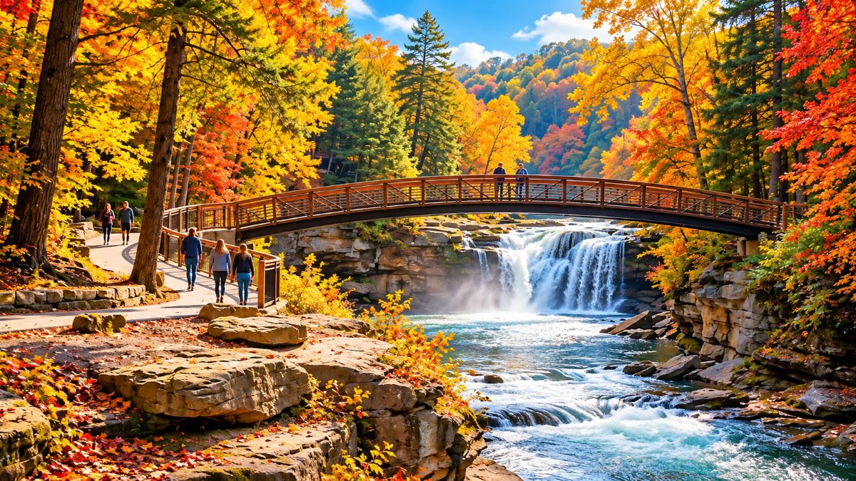 Scenic view of the cascading waterfall and wooded walking paths at cascade park along the black river in ohio. - travel and tour world Ohio_michigan_midwest_tourism_regional_attractions_autumn_travel