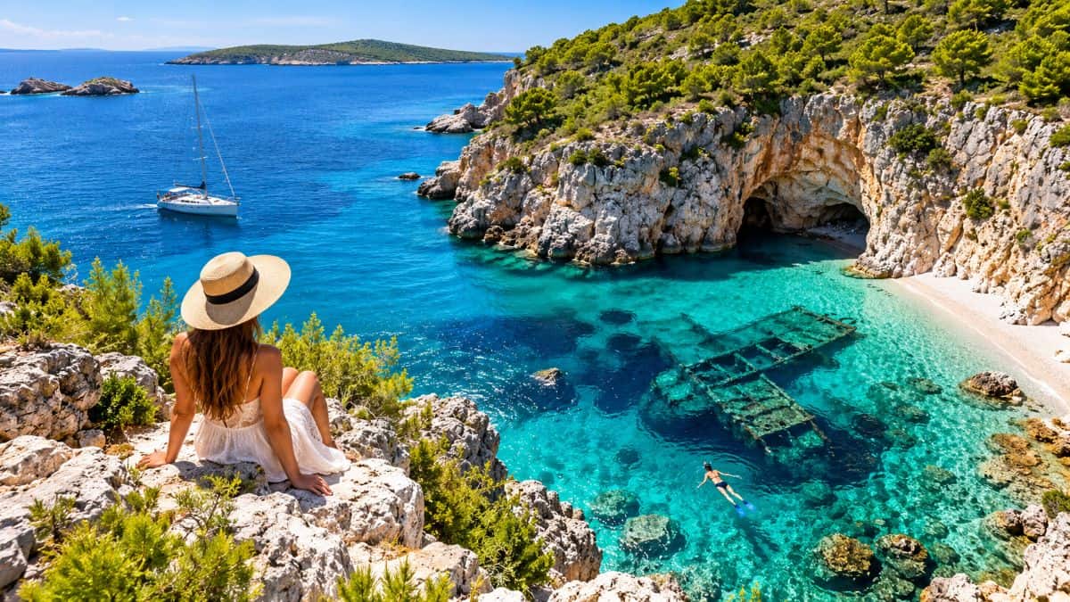 Sailing boats anchored in the clear adriatic waters off premuda island, croatia, surrounded by rugged coastlines and peaceful mediterranean scenery. - travel and tour world Sailing boats anchored in the clear adriatic waters off premuda island, croatia, surrounded by rugged coastlines and peaceful mediterranean scenery