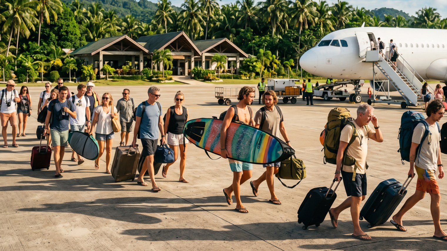 Philippines-siargao-travel-rush-surfers-airport-flights-2026 - travel and tour world Surfers and tourists with luggage at siargao airport during the philippines travel rush in october 2026.