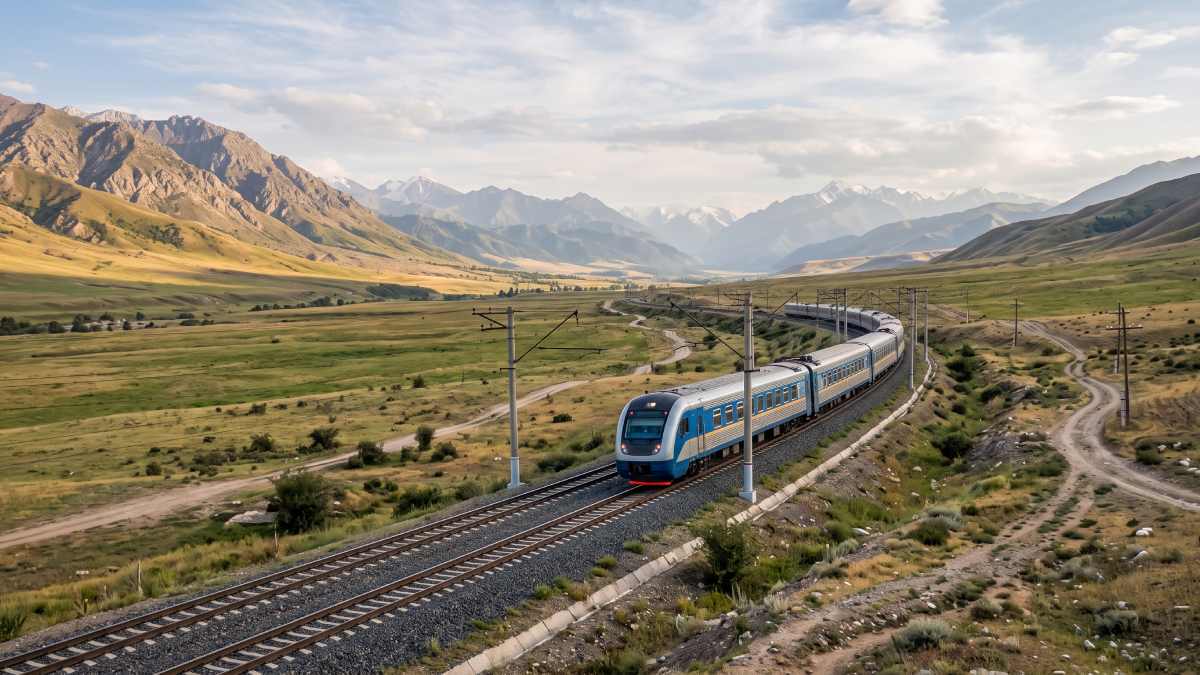 A modern passenger train curves through a wide, scenic central asian valley surrounded by rugged mountains and distant snow-capped peaks under a daylight sky, with railway tracks extending into the vast landscape.
