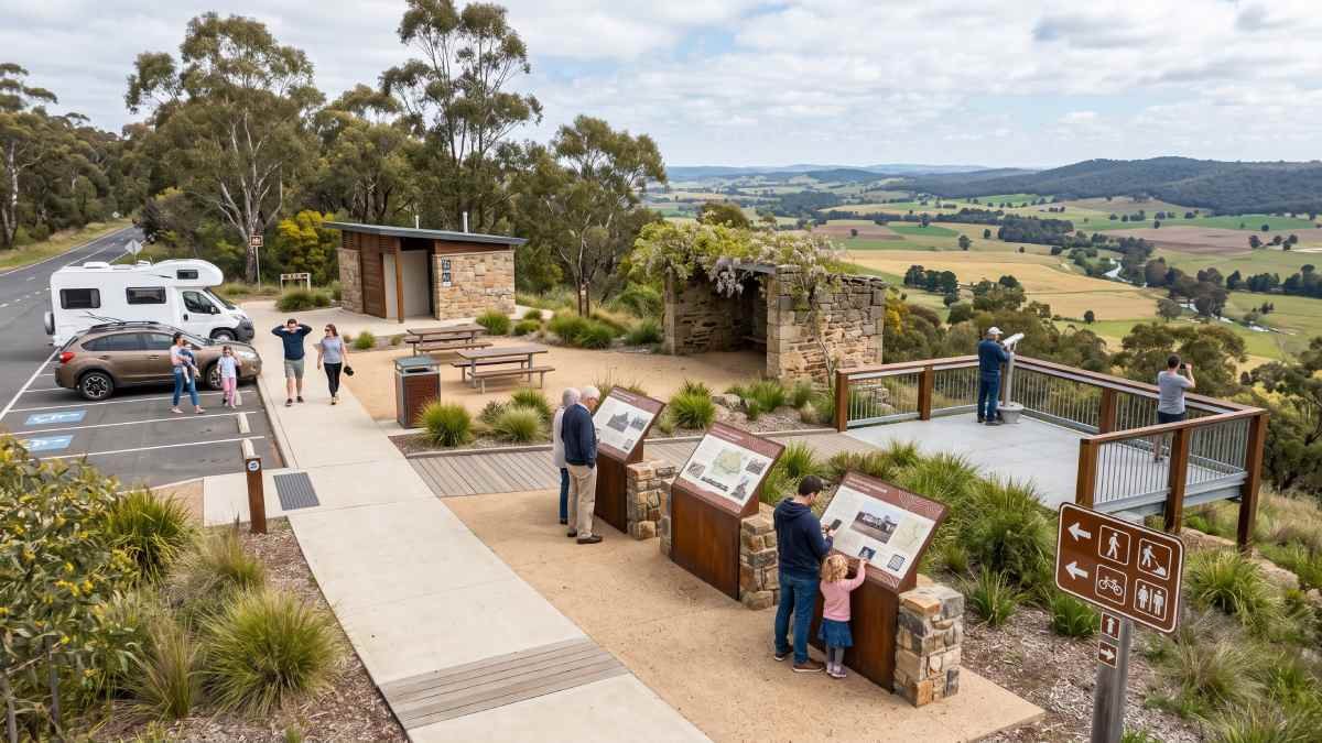 Visitors explore heritage panels and a scenic lookout with an accessible viewing platform, stone shelter, and campervan overlooking a rolling rural landscape.