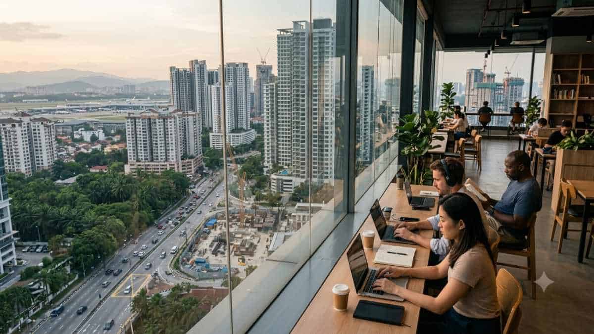 Remote work visas travel - travel and tour world Remote workers using laptops in a high-rise coworking space overlooking a rapidly developing southeast asian city.