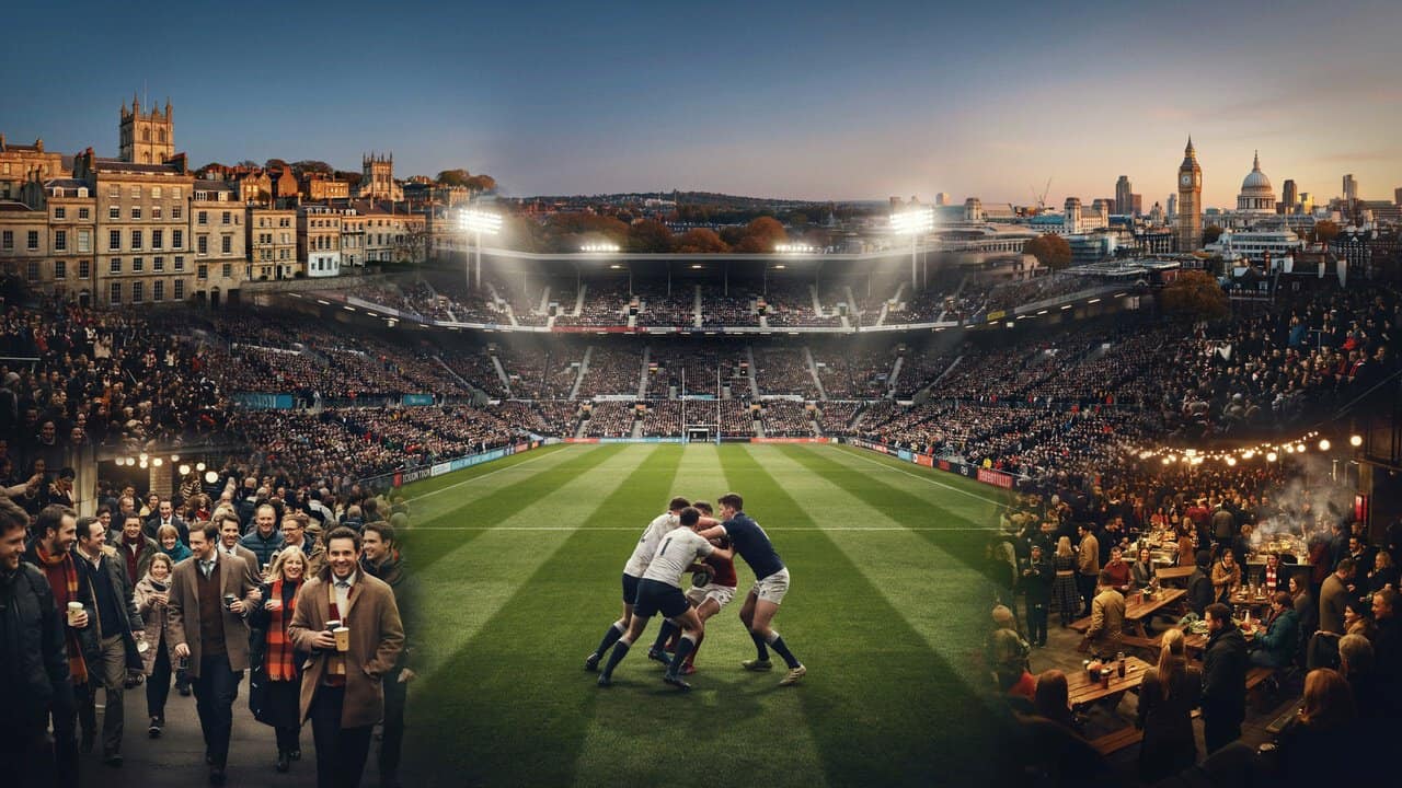 Rugby supporters gathering at a historic english stadium during autumn premiership matches