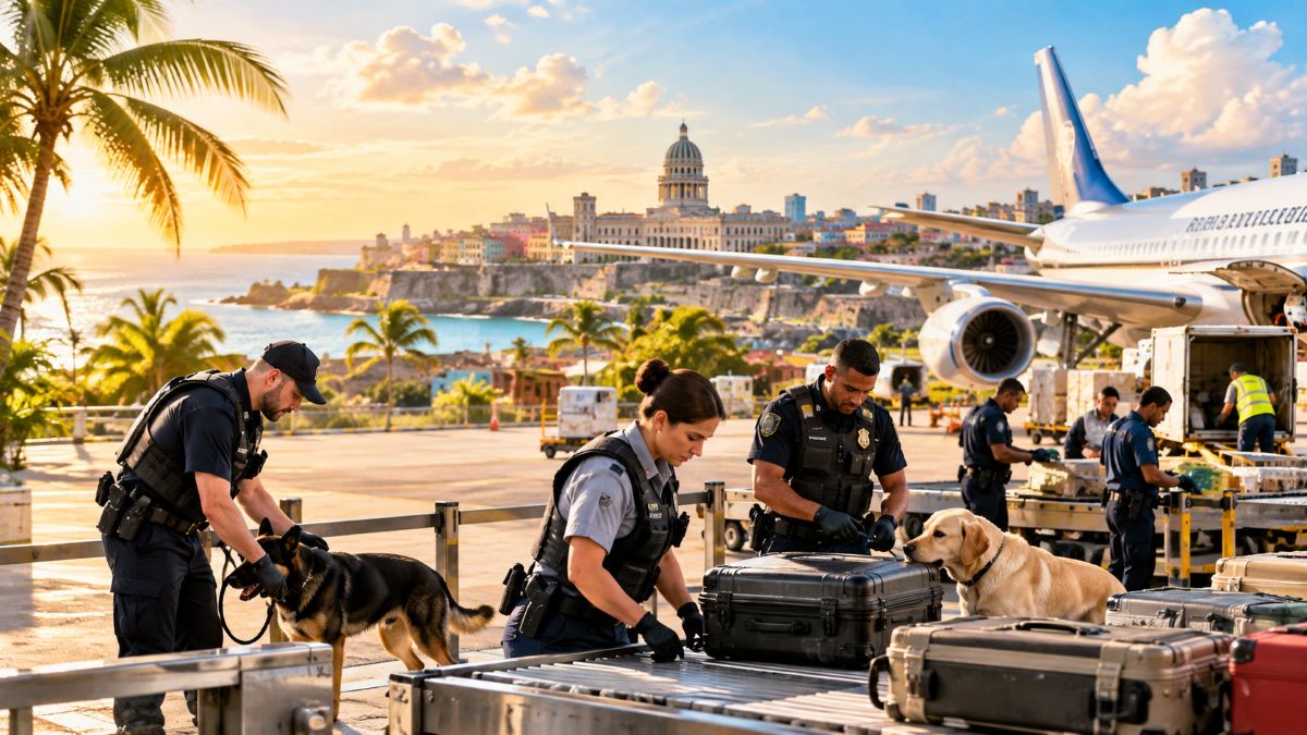 Us customs officers inspecting passenger baggage and biological transit declarations at miami international airport terminal.