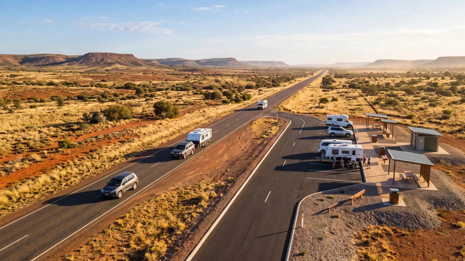 South-australia-outback-road-travel-pimba-arcoona-rest-areas - travel and tour world Cars and caravan travelling along a scenic south australian outback highway near a roadside rest area.