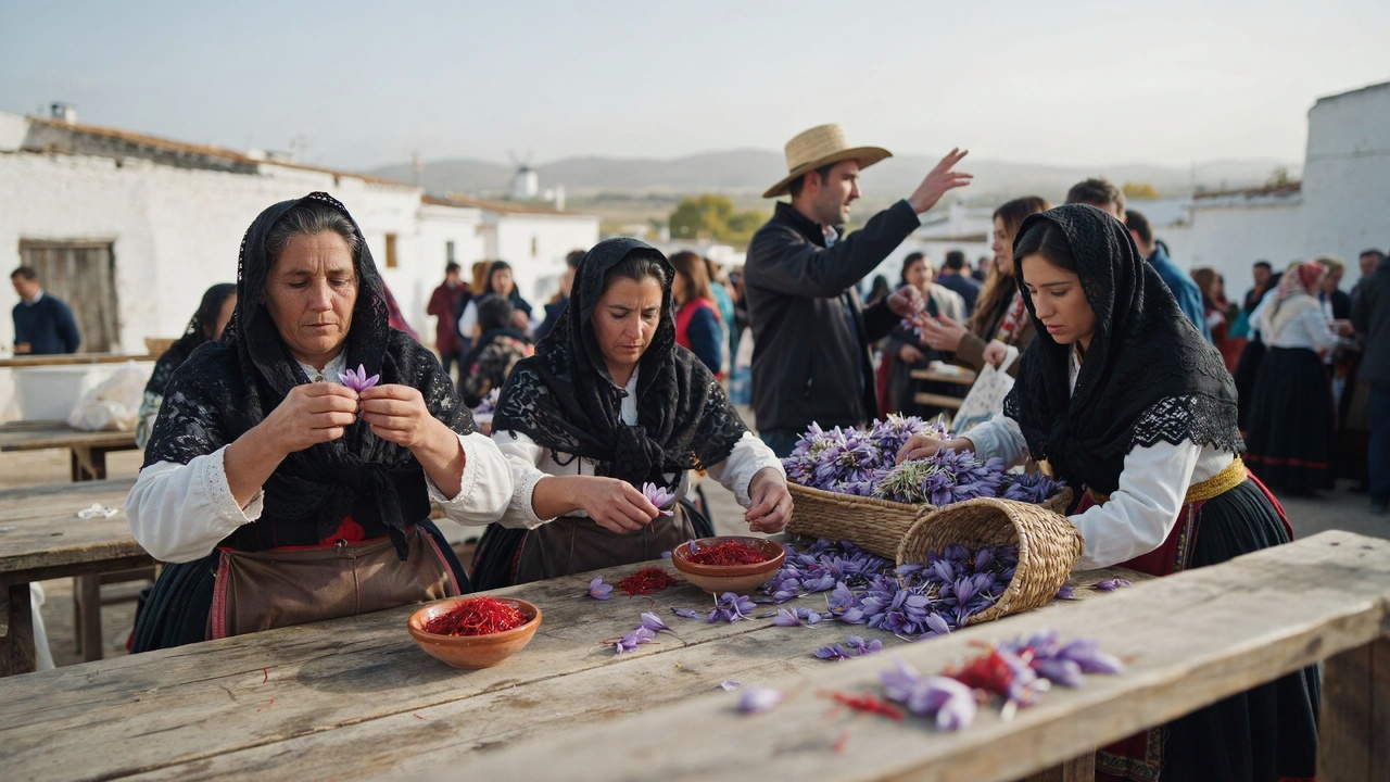 Spain consuegra saffron rose festival celebrates historic autumn harvest traditions - travel and tour world Purple saffron flowers beneath historic windmills in consuegra, spain.