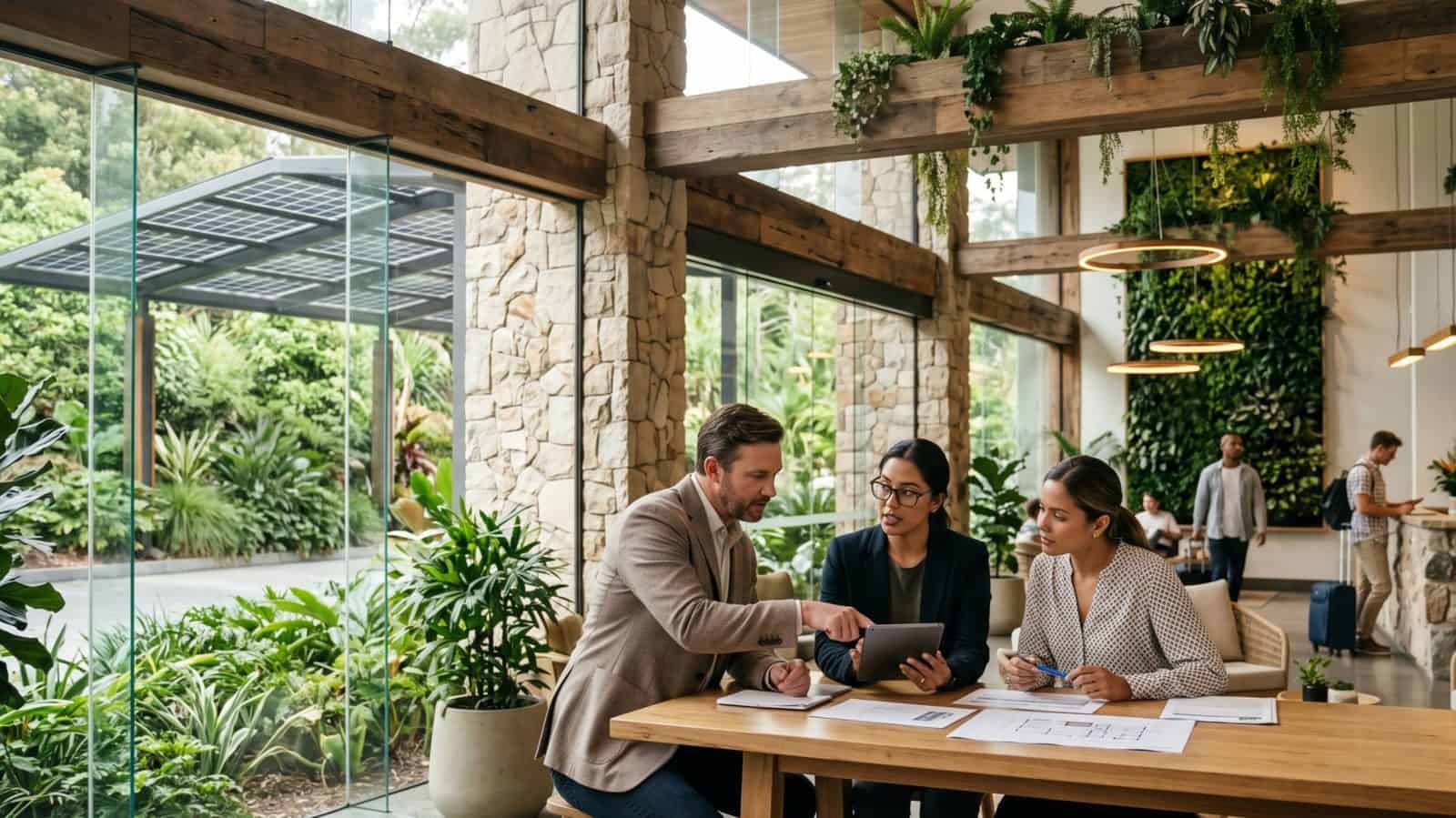 Hotel professionals reviewing esg certification at a sustainable hotel.