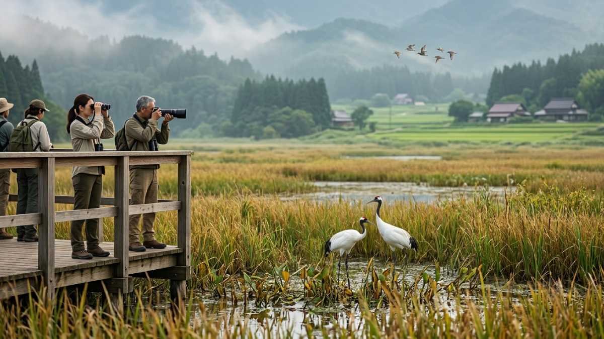 Sustainable travel and tourism - travel and tour world Birdwatchers observing red-crowned cranes and distant migratory birds from a wooden platform in a wetland landscape.