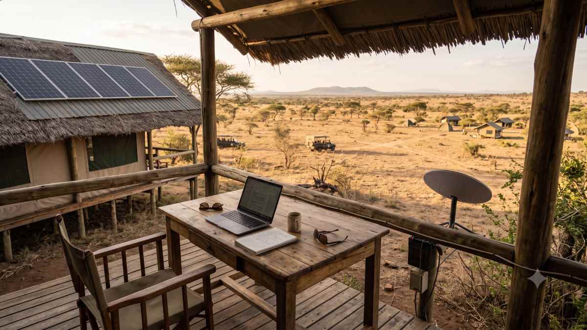 Tourism work visa - travel and tour world A remote-work setup on a wooden safari lodge veranda overlooking the african savannah, featuring an open laptop on a desk, a satellite dish, solar panels on a thatched roof, and distant safari vehicles.