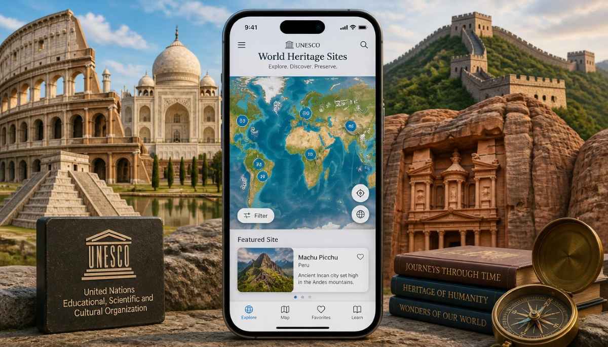 A smartphone displaying an interactive digital map of global unesco world heritage sites surrounded by historical architectural travel landmarks.