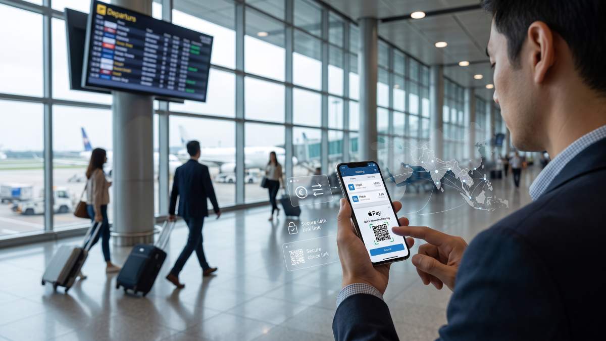 Travel ai - travel and tour world The over-the-shoulder view shows an international traveller at a bustling airport terminal using a smartphone to make an instant digital payment on a travel app, with aircraft, a departures board, and subtle overlay graphics of cross-border connections visible in the background.