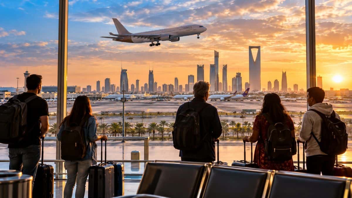 Commercial aircraft at an airport in saudi arabia amid regional security concerns and potential flight disruptions affecting international travel.