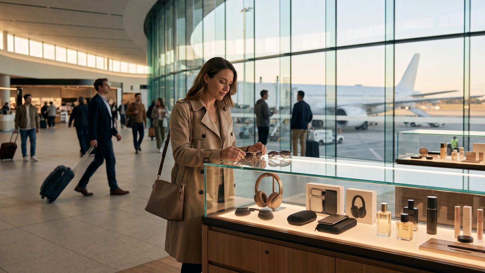 Traveller explores eyewear, technology and duty-free shopping in a modern airport retail setting.