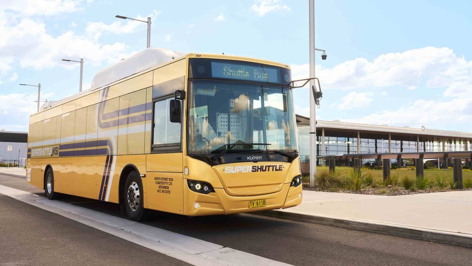 Super shuttle wsi electric bus at western sydney international airport