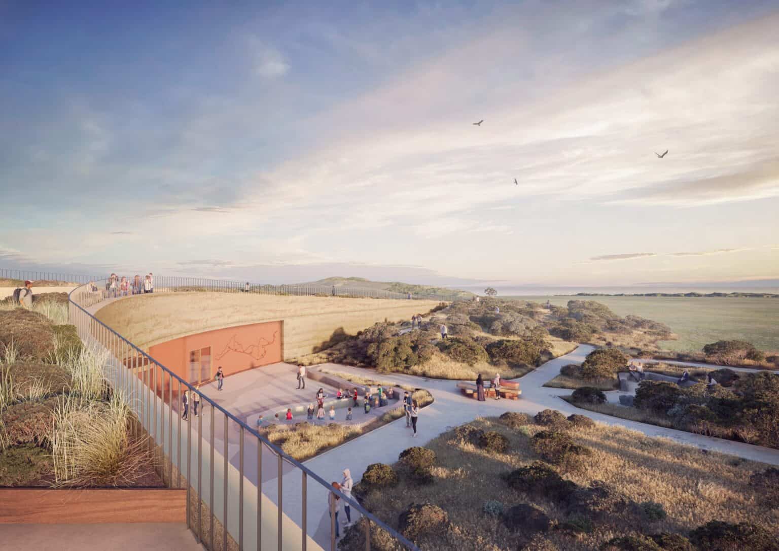 Architectural rendering of the twelve apostles visitor centre with a rooftop walkway, native gardens and pedestrian paths.